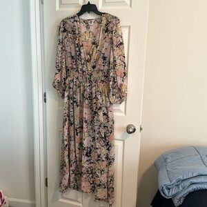 Anne Klein floral maxi dress - black, pink, yellow, coral - size 16